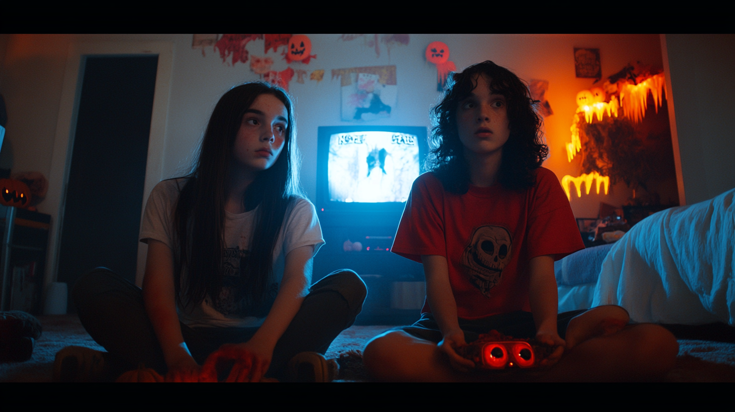 Two teenagers playing horror video games in bedroom.