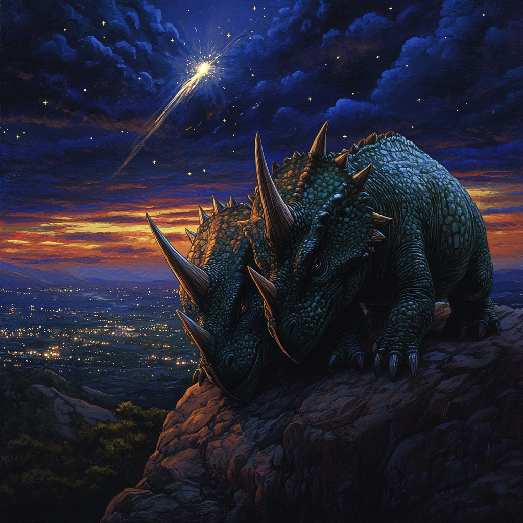 Two triceratops crying on mountain at night.