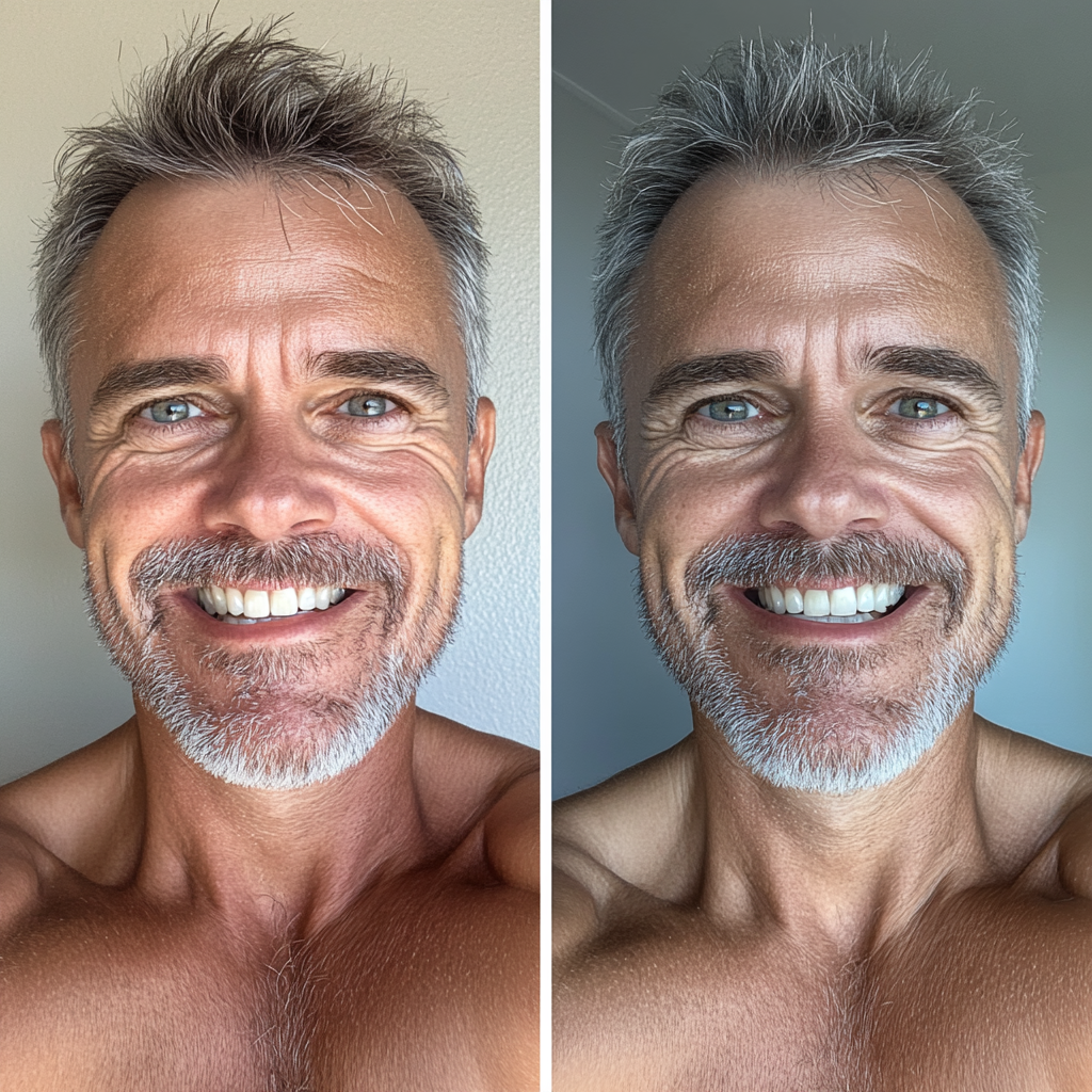 Two versions of 50-year-old man, tired and healthy.