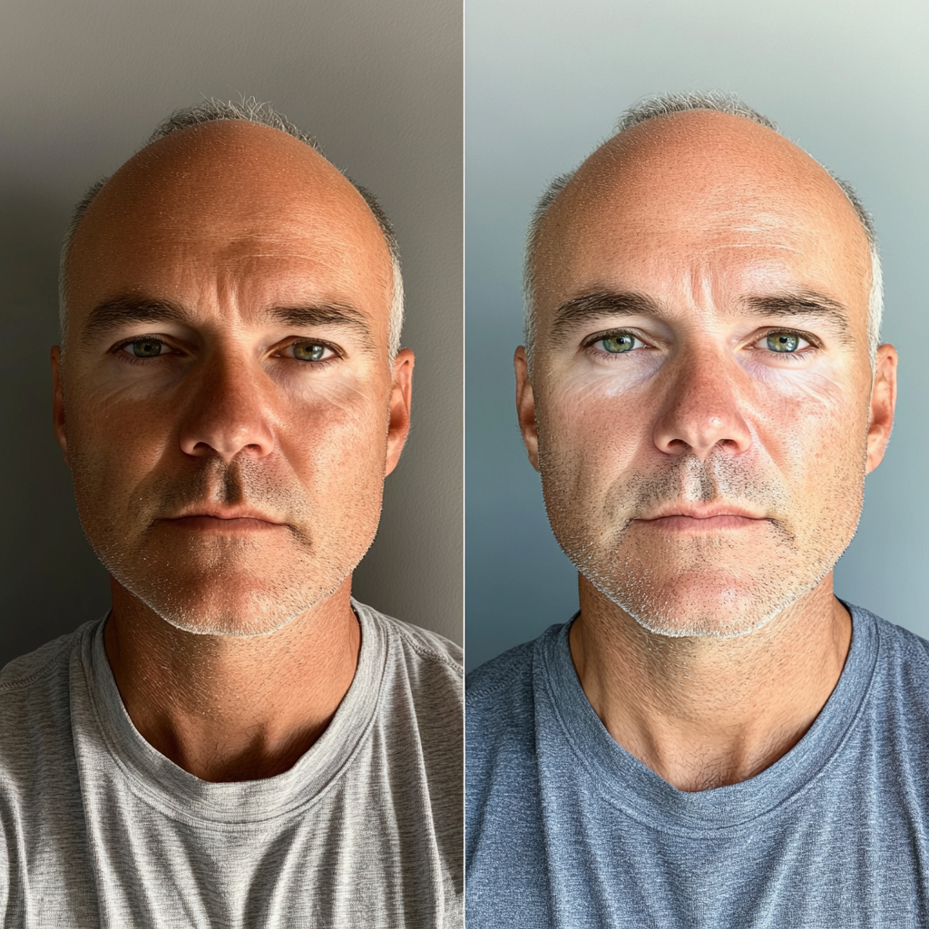 Two versions of 50-year-old man: tired vs healthy.