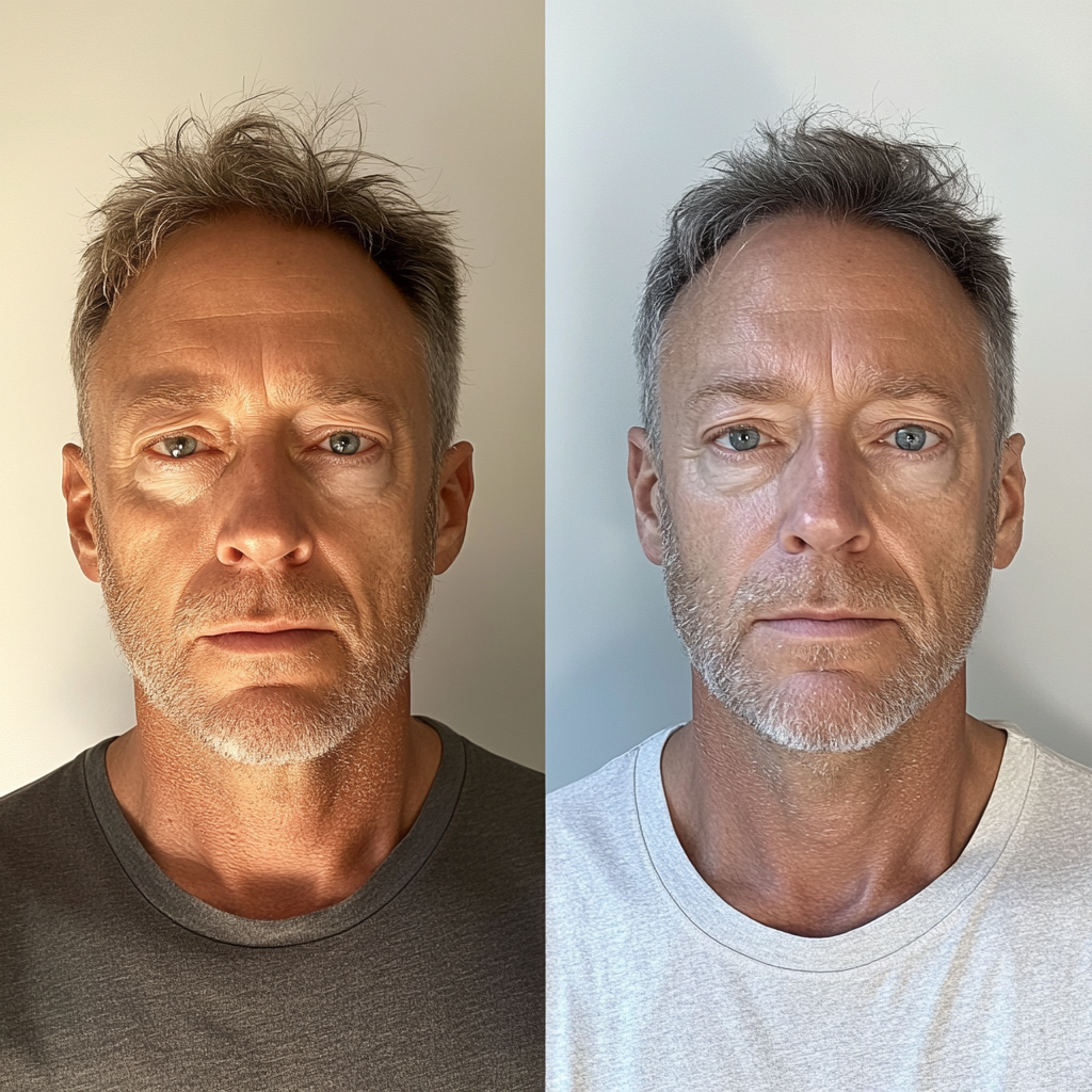 Two versions of a 50-year-old man's appearance.