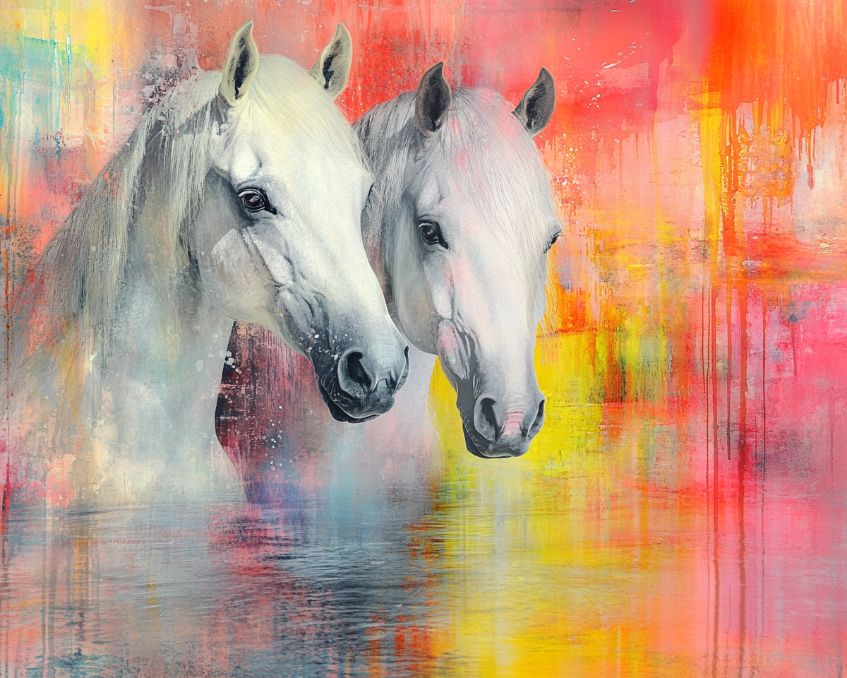 Two white horses dancing in watercolor dream