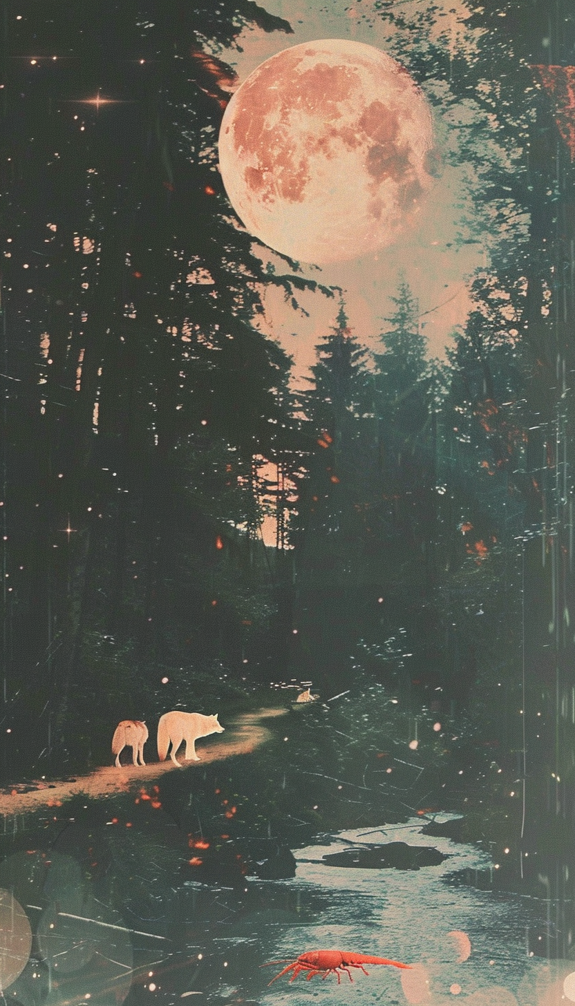 Two white wolves beneath glowing moon in forest scene.