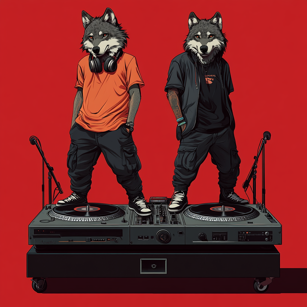 Two wolves in cool outfits on giant turntable