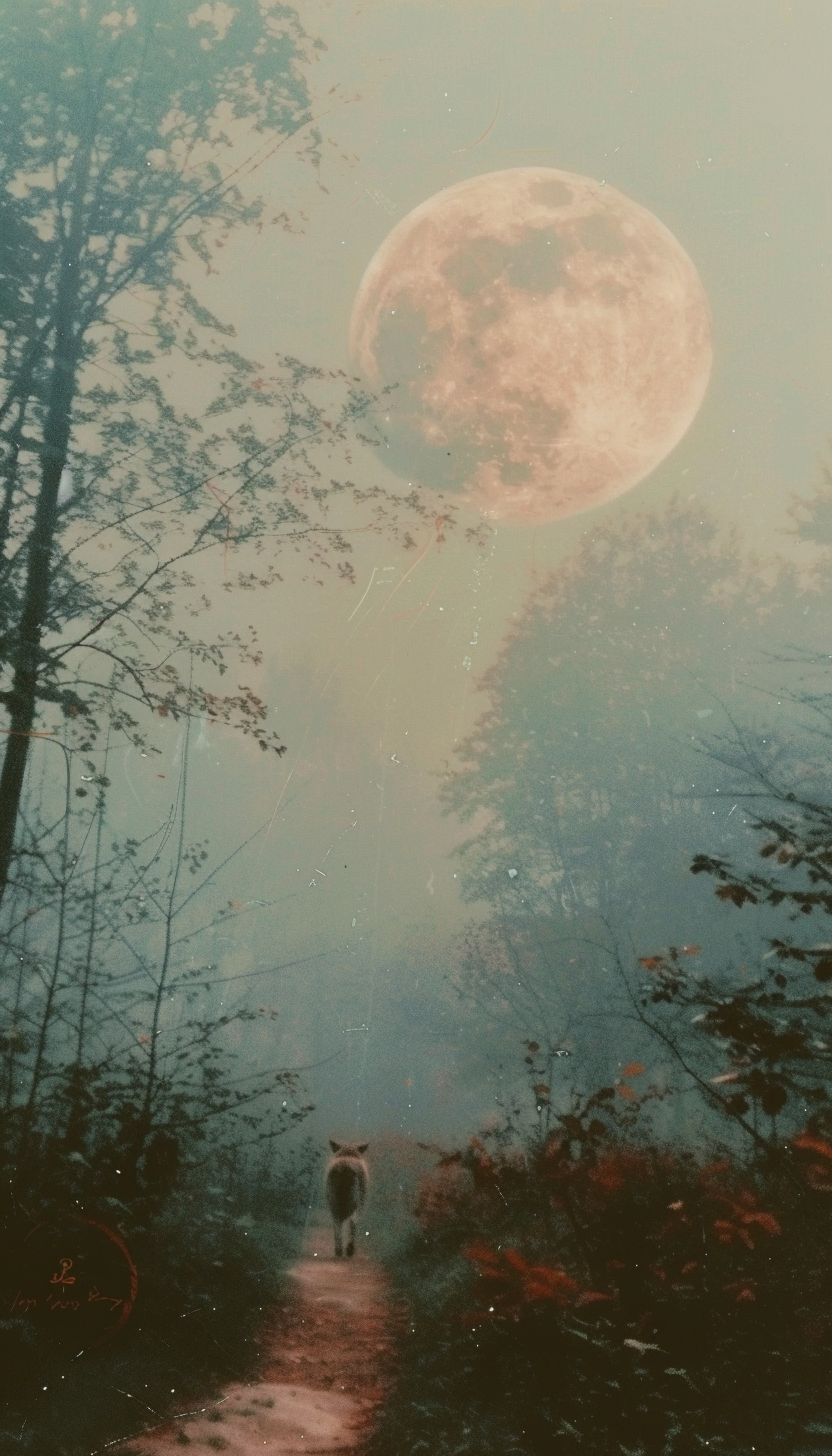 Two wolves in moonlit forest with crayfish in foreground.