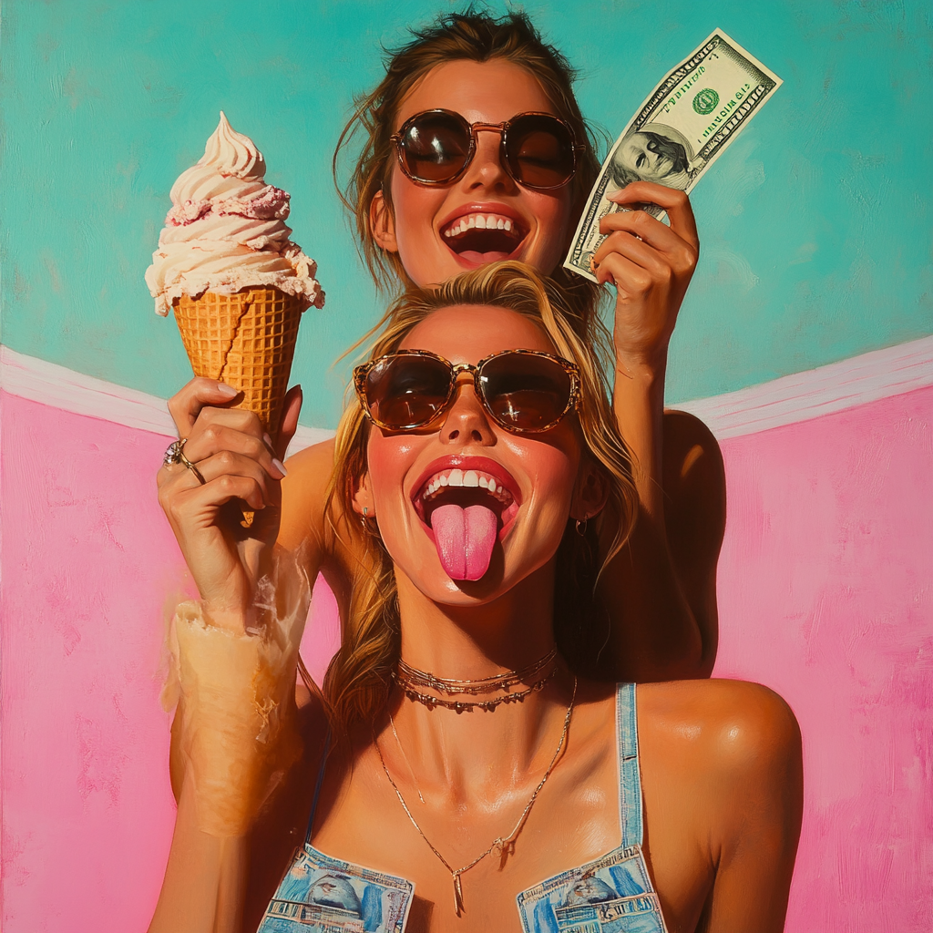 Two women, one with ice cream, one with money.