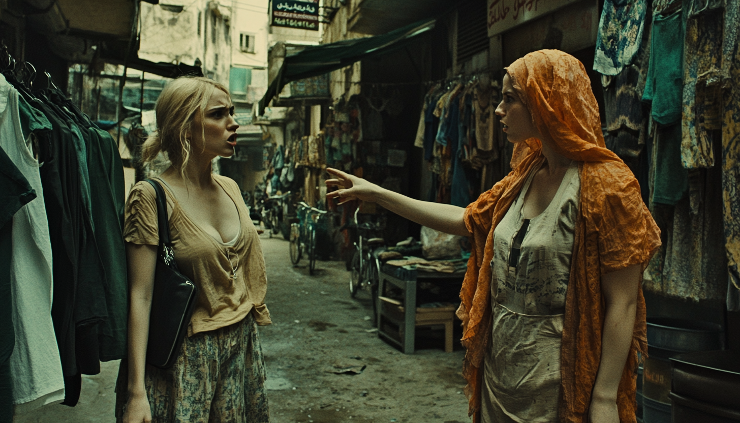 Two women arguing in Middle Eastern marketplace, cinematic shot