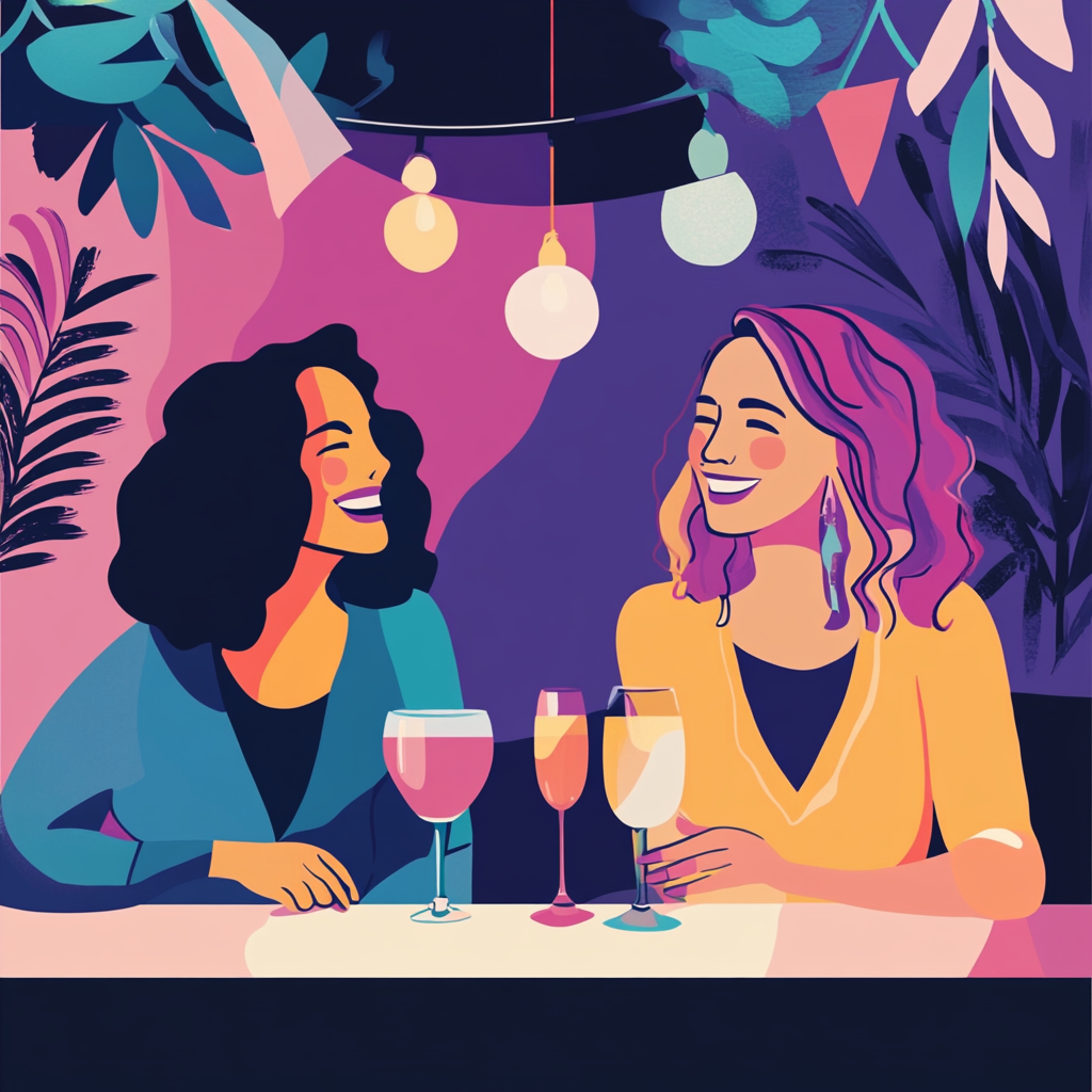 Two women enjoying evening soirée, connecting in welcoming environment.