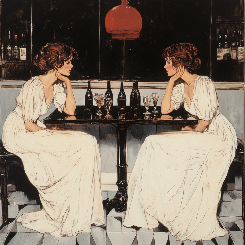 Two women in white dresses at black table.