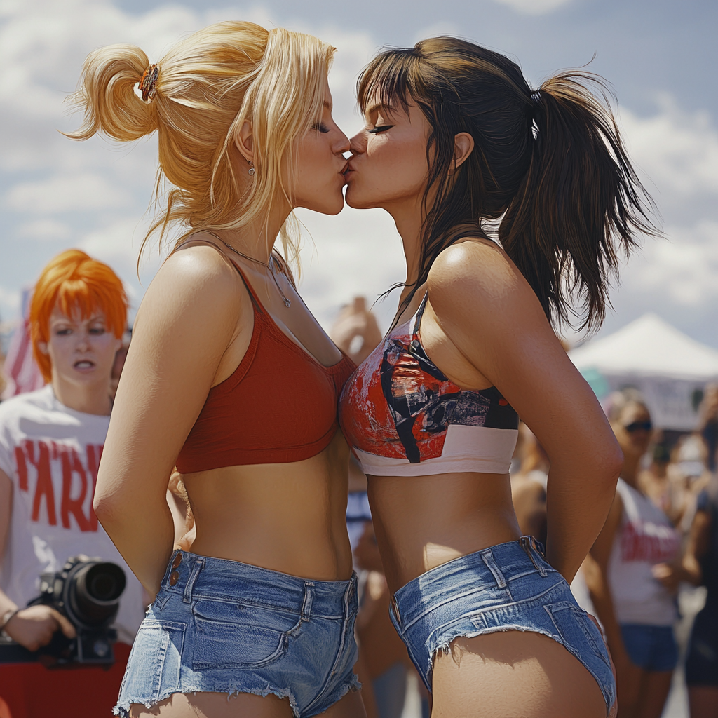 Two women kiss at rally with colorful speaker.