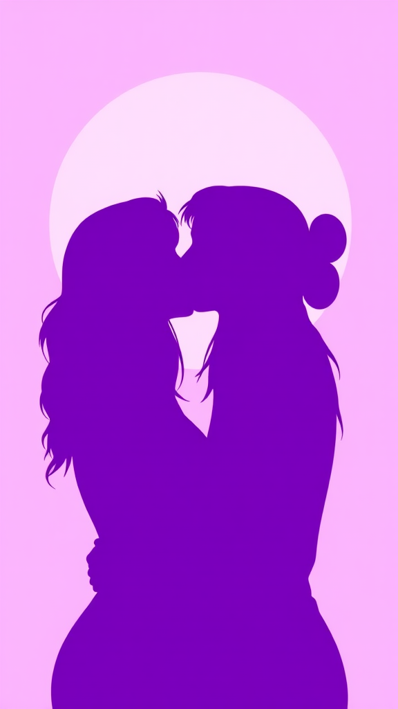 Two women kiss in purple and white art.