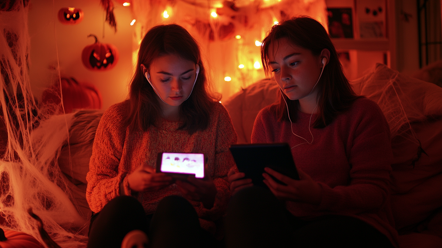 Two women listen to spooky podcast in Halloween room.