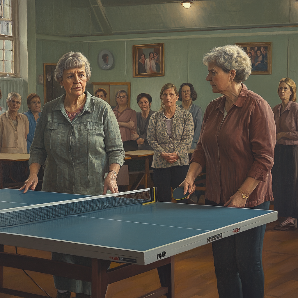 Two women playing ping pong while others watch closely.