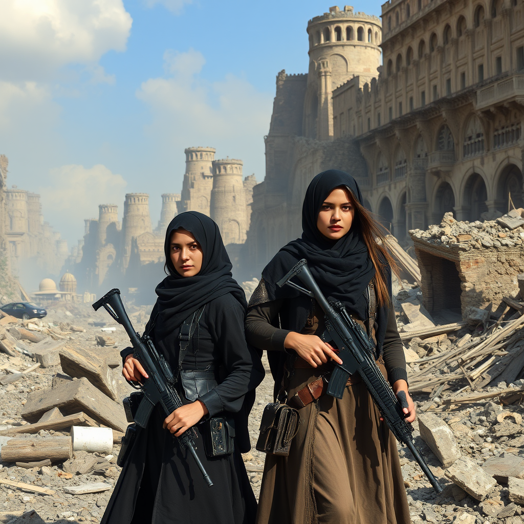 Two women soldiers in the ravaged city