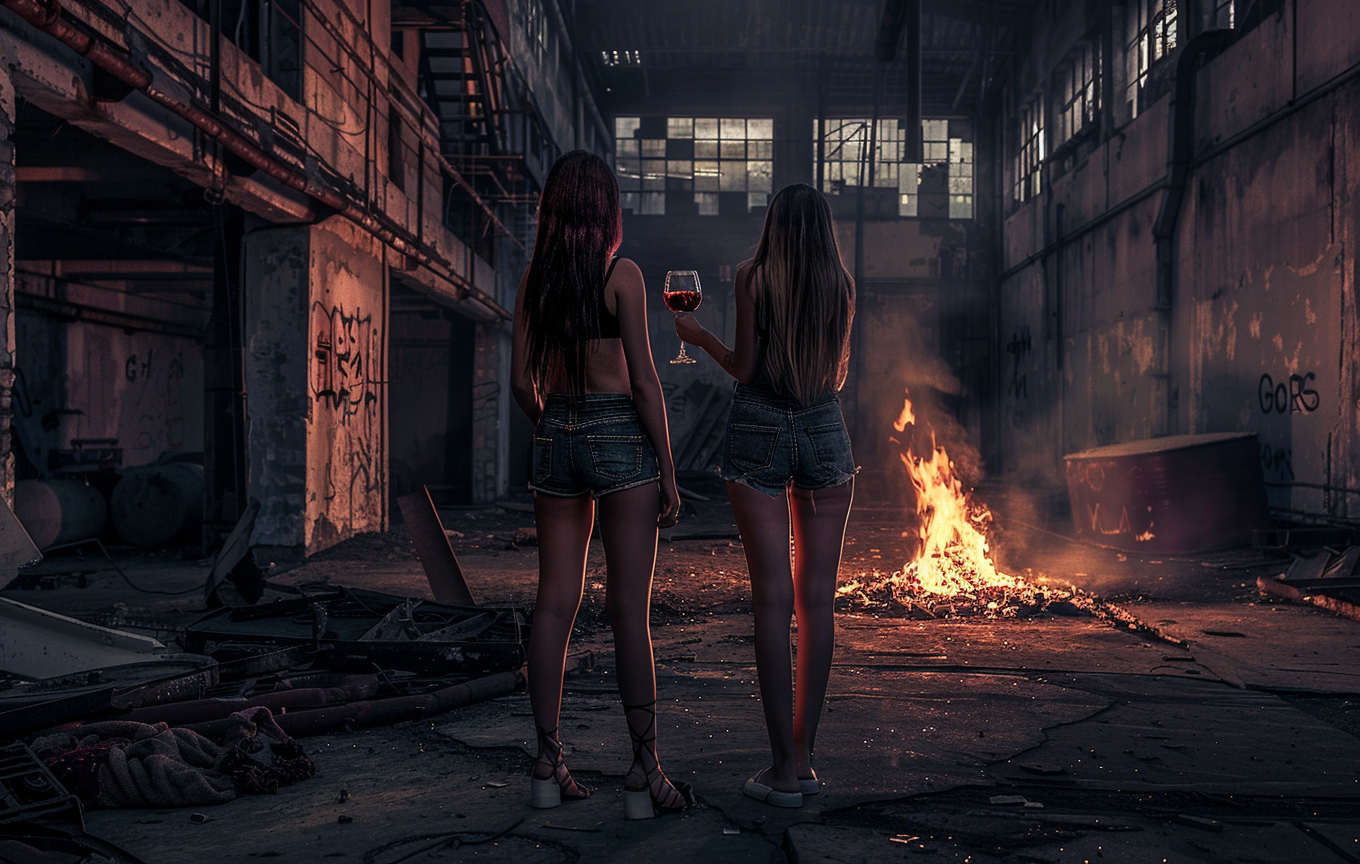 Two women stand by bonfire in factory, drinking wine.