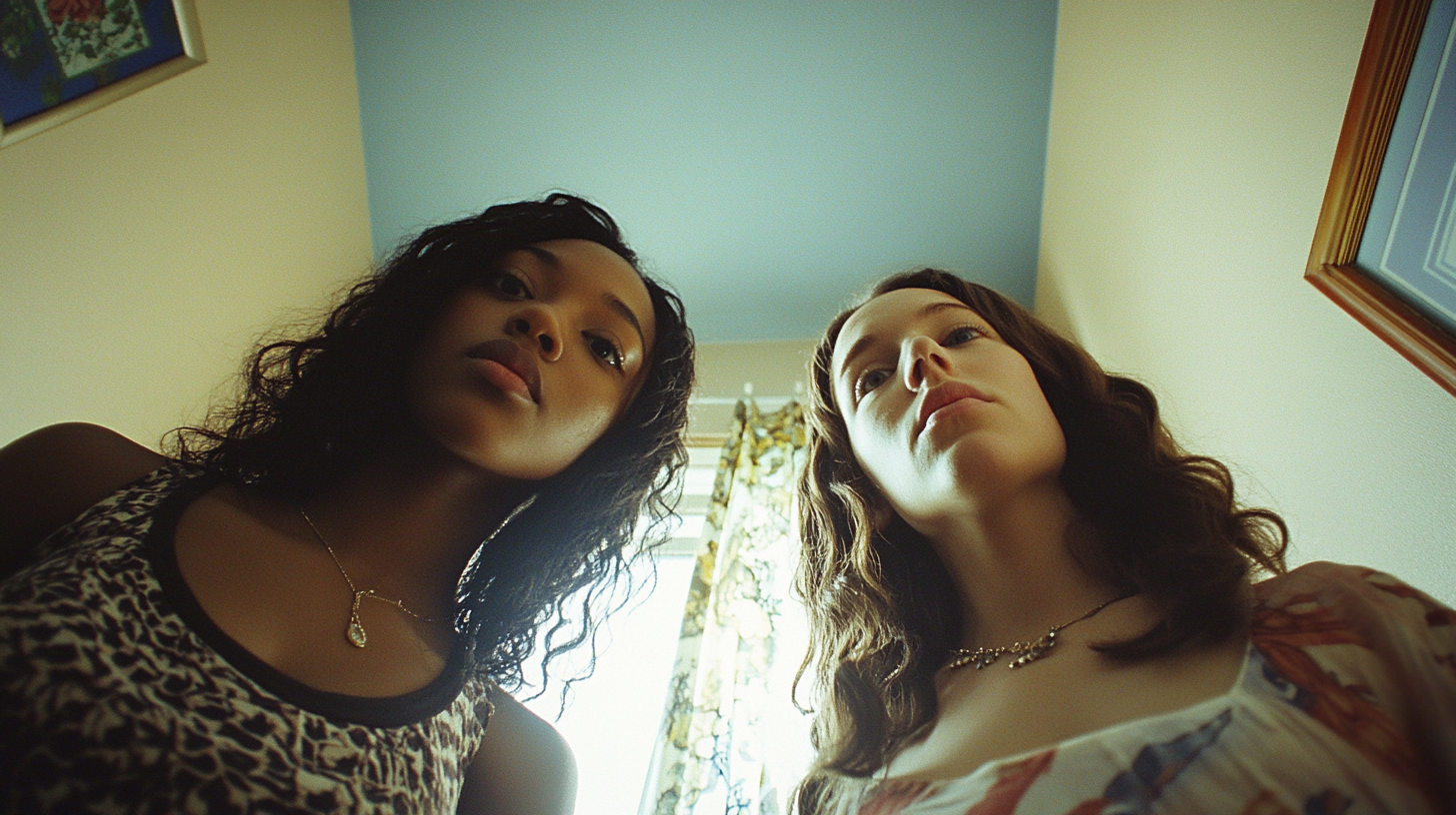 Two women standing in bedroom - A portrait.