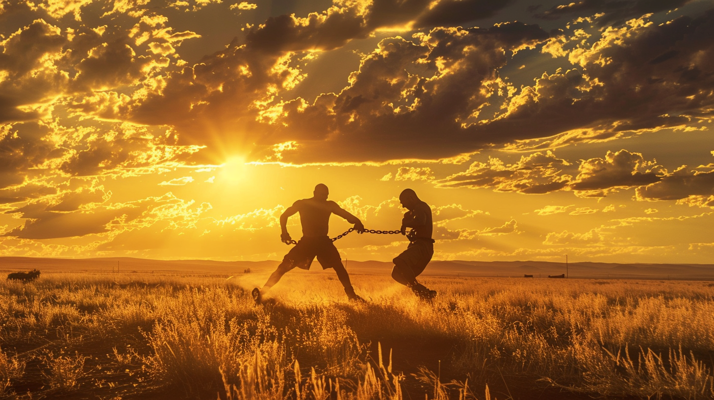 Two wrestlers fight in golden steppe at sunset.