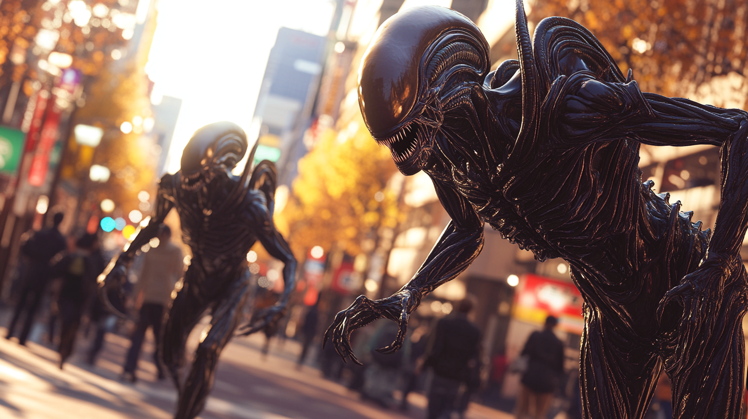 Two xenomorphs in Tokyo, ready to strike unsuspecting humans.