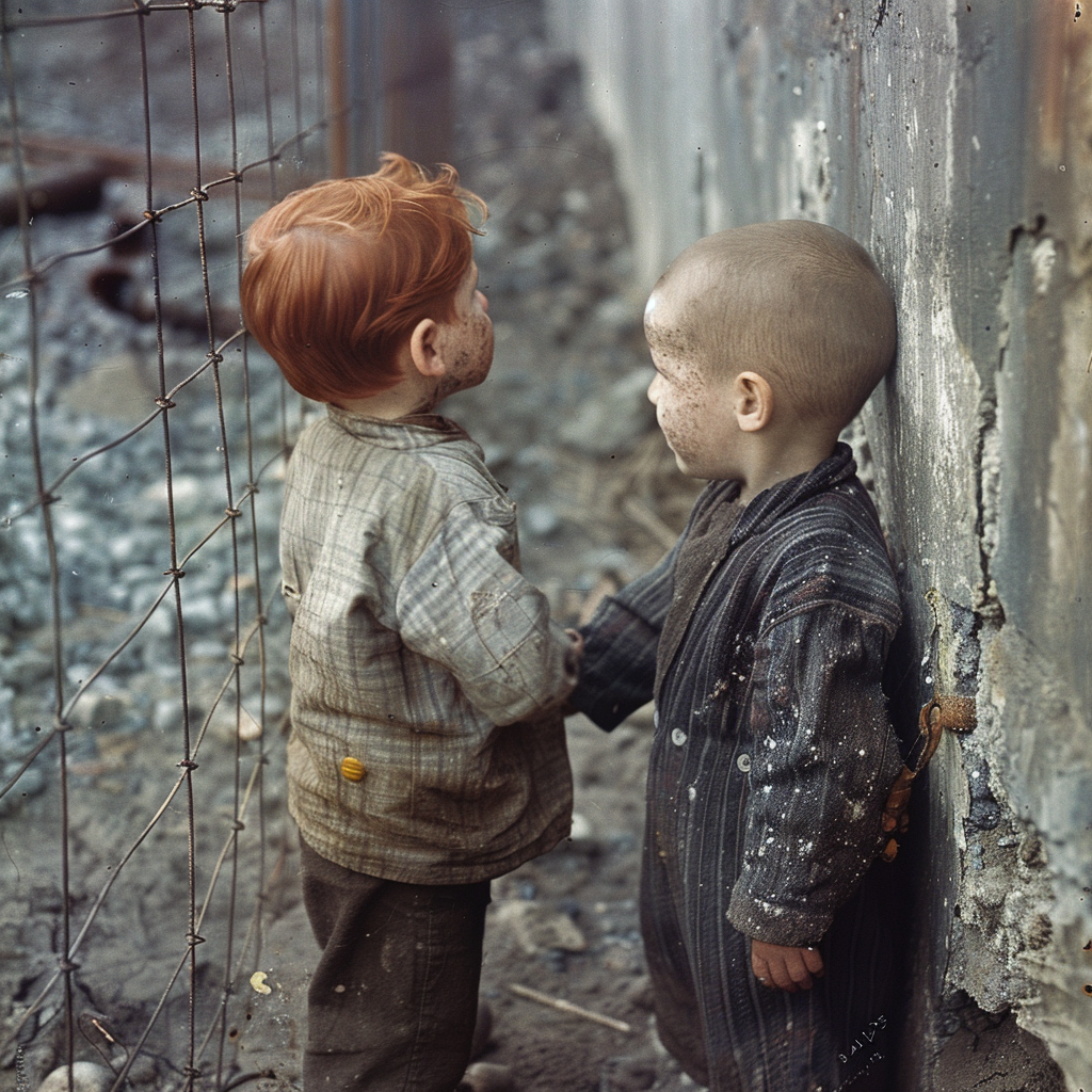 Two-year-old boy with red hair stands by fence.