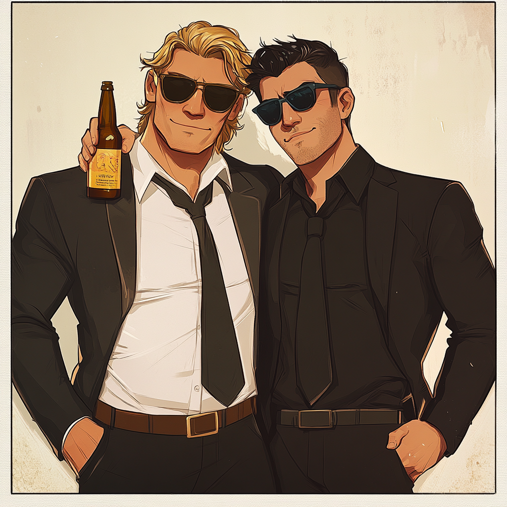 Two young men, one drinking, one with sunglasses.