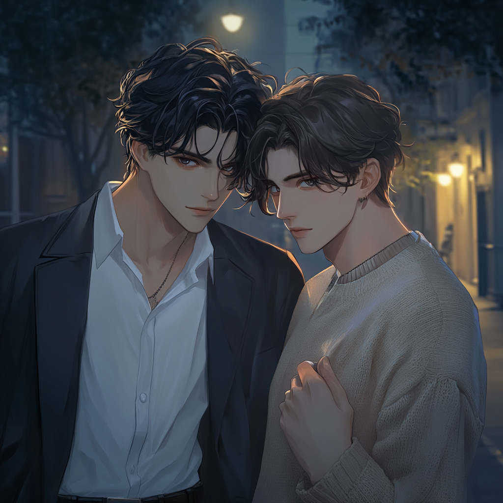 Two young men in romantic, mysterious city setting.