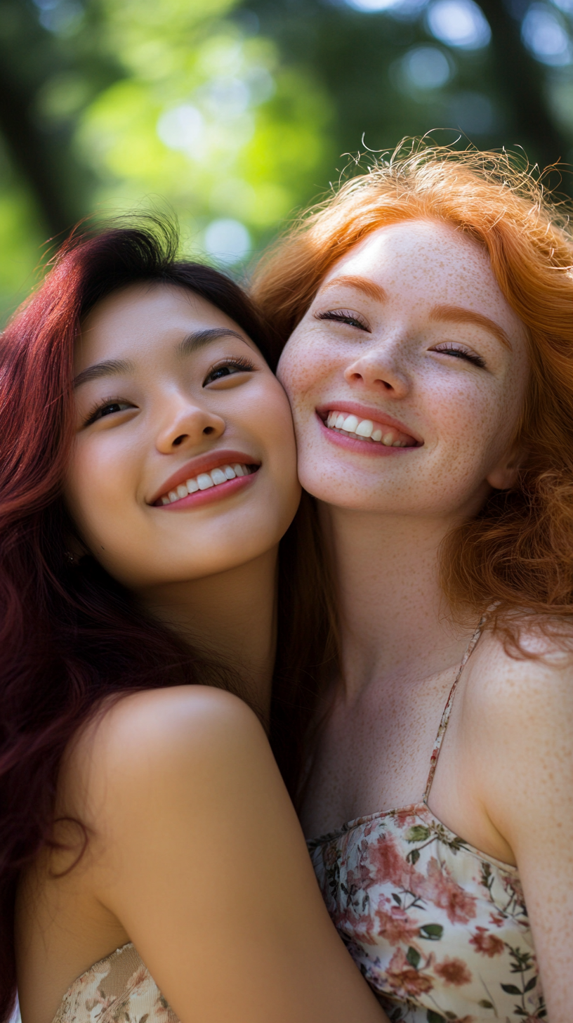 Two young women embrace joyfully in bright photo