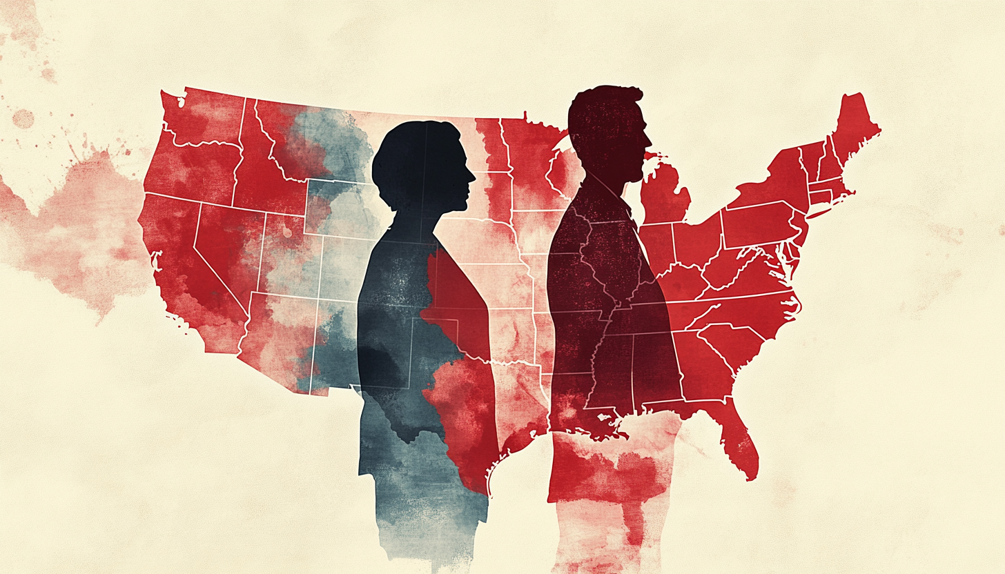 U.S. political map with red shading, patriotic background.