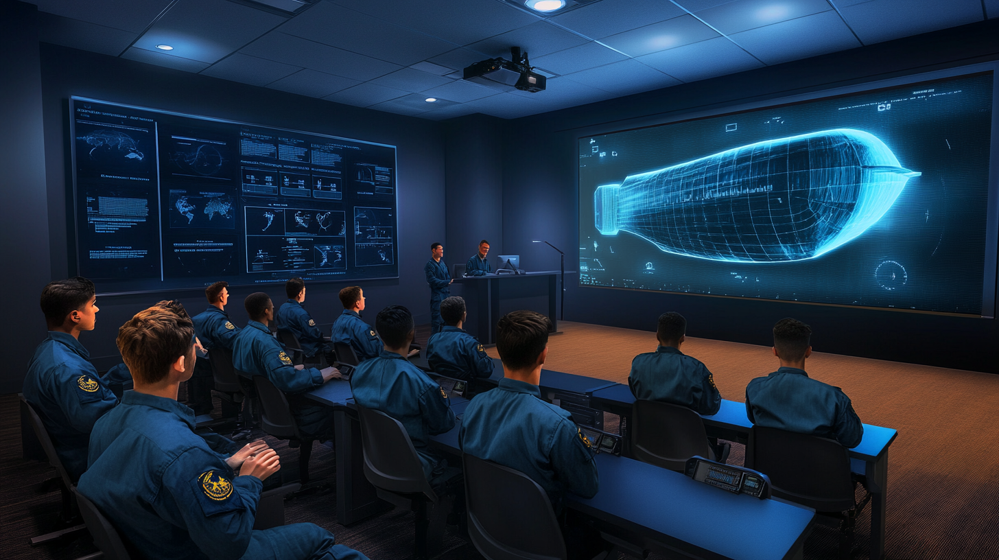 US Navy sailors learning with hologram in classroom.