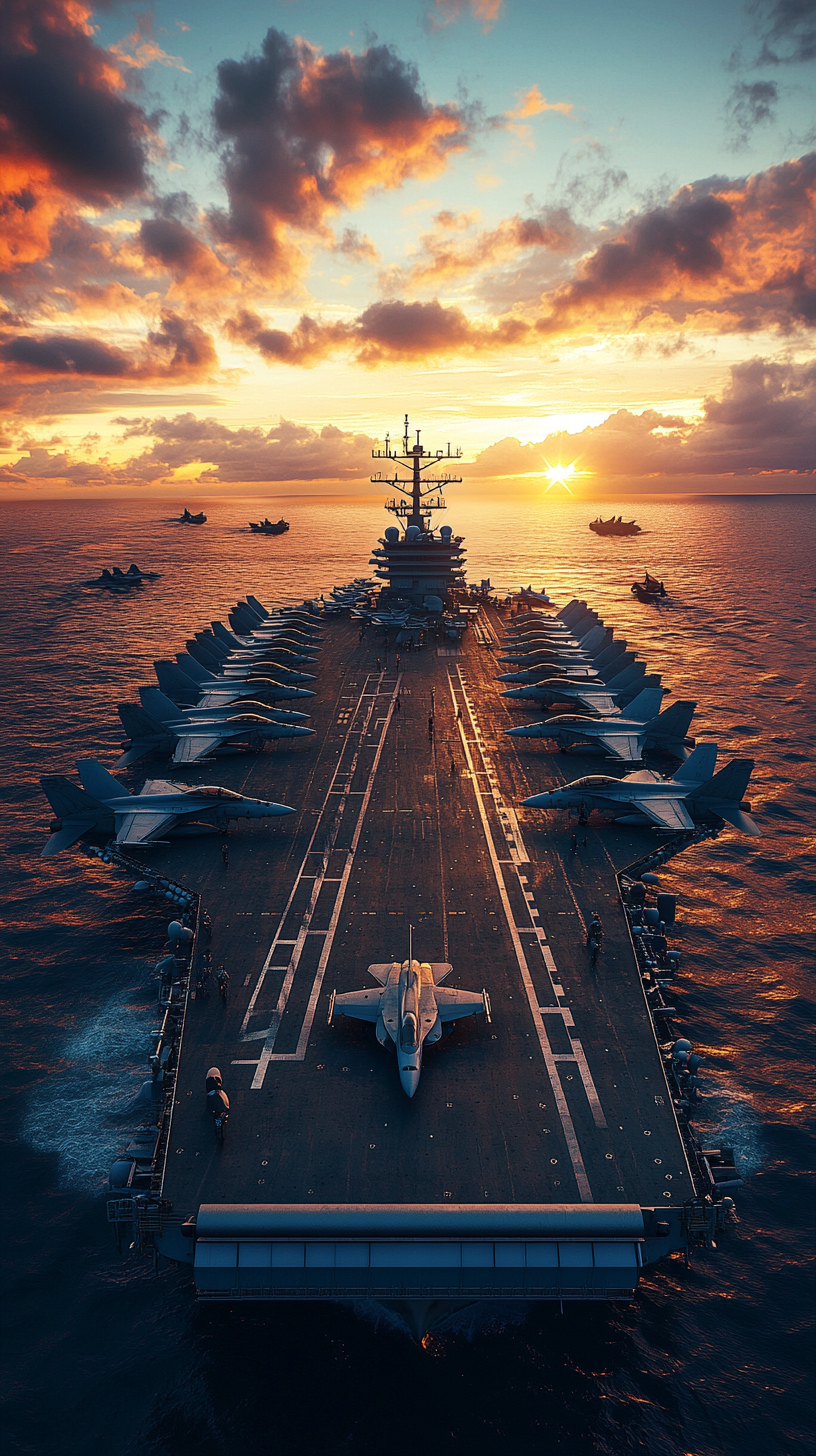 USS Eisenhower in ocean at dusk with jets.