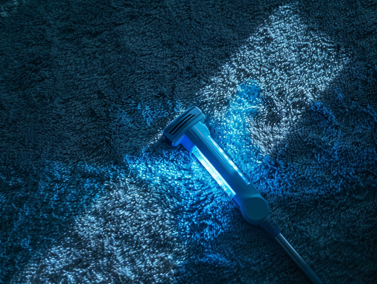 UV Sterilizer Cleaning Plush Carpet in Sunlit Room