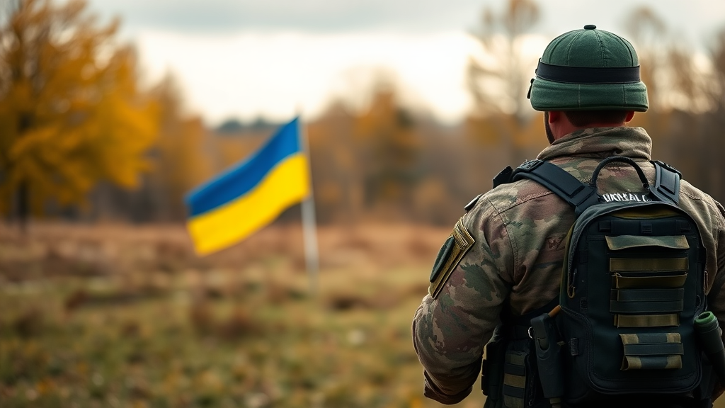 Ukrainian Soldier Stands Near Ukraine Flag in Autumn