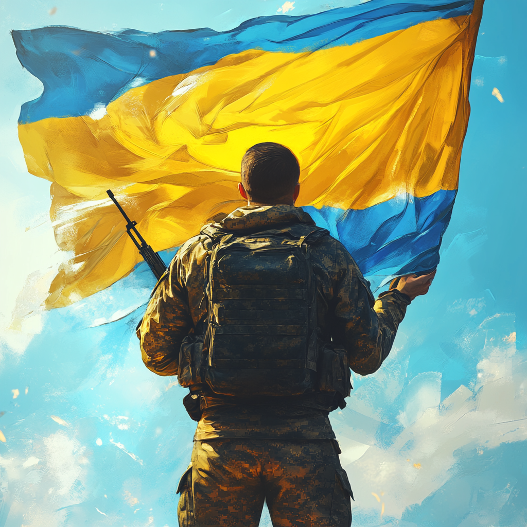 Ukrainian soldier holding flag, realistic style, patriotic atmosphere.