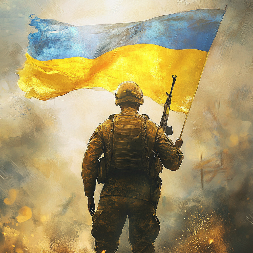 Ukrainian soldier holding flag, standing in sunlight.