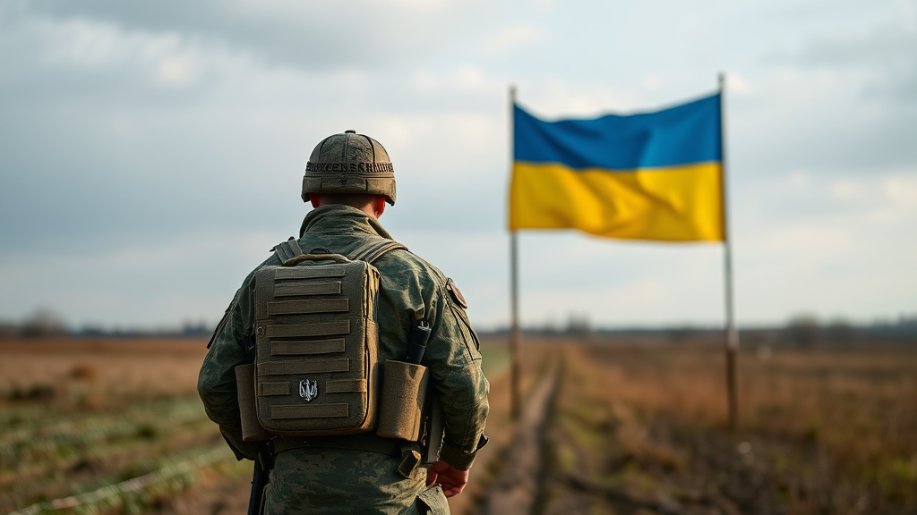 Ukrainian soldier in Donbas stands by Ukrainian flag.