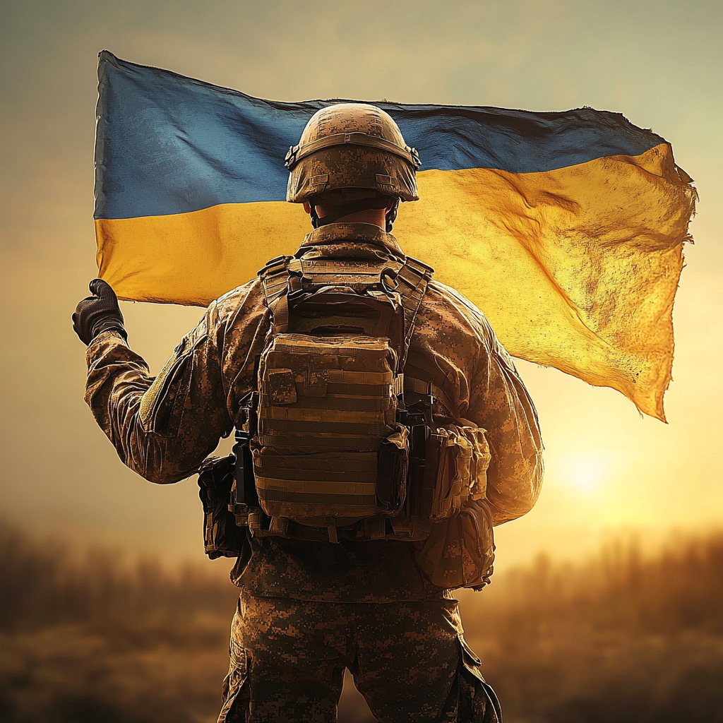 Ukrainian soldier with flag symbolizes patriotism and hope.