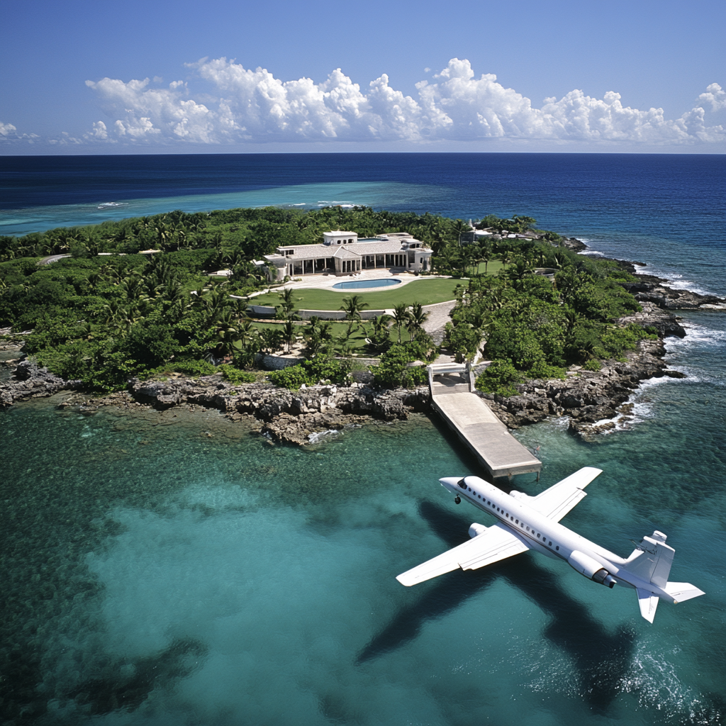 Ultimate luxury private island airport with lush landscapes.