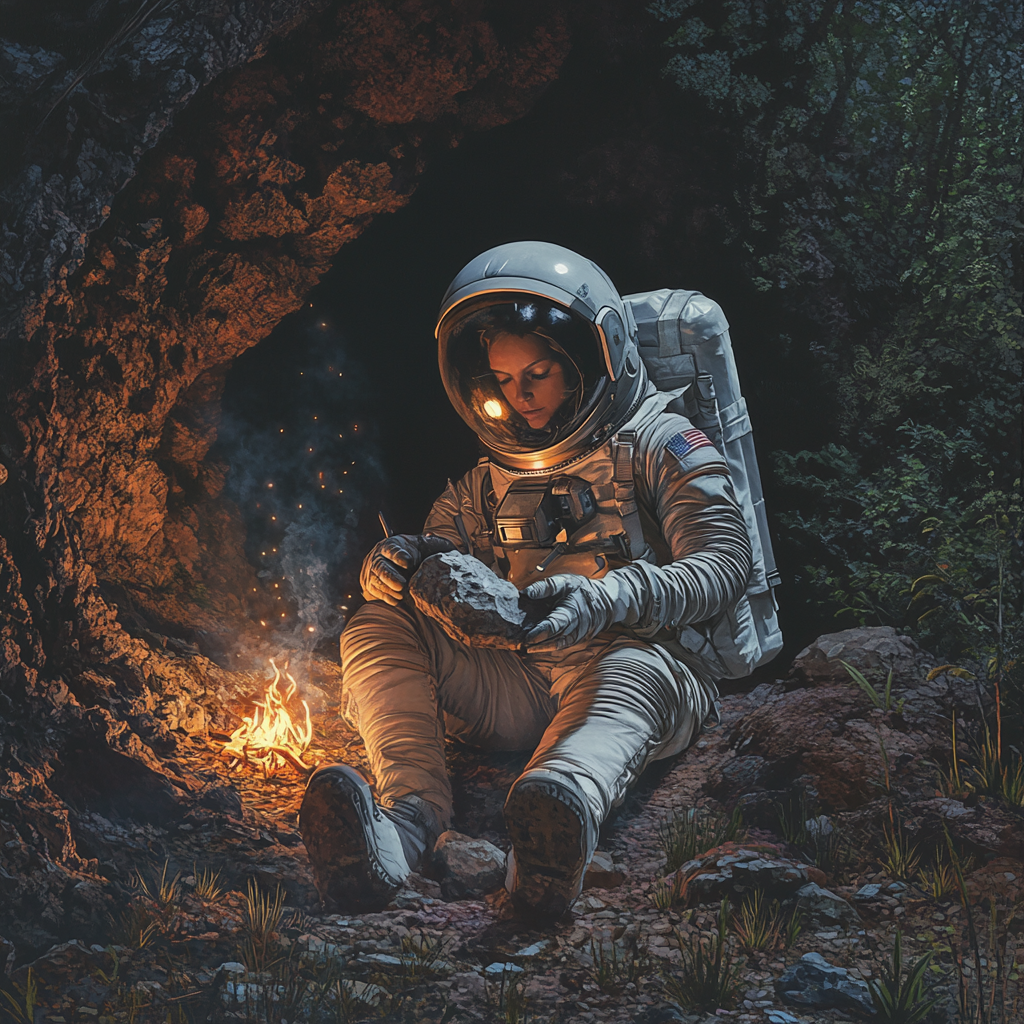 Ultra HD Realistic Image: Female Astronaut Carving Stone Industry