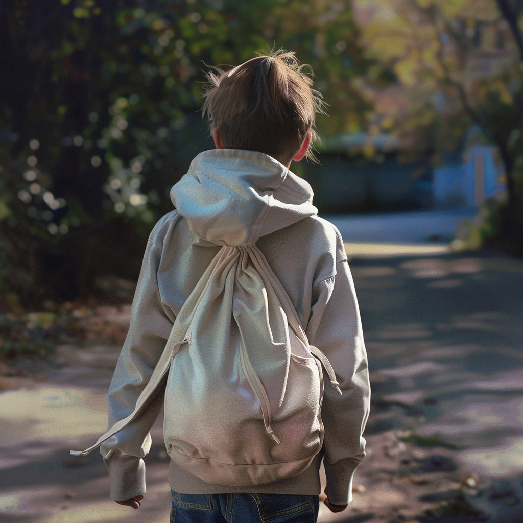 Ultra-Realistic Child Outdoors with Gym Bag - Stock Photo