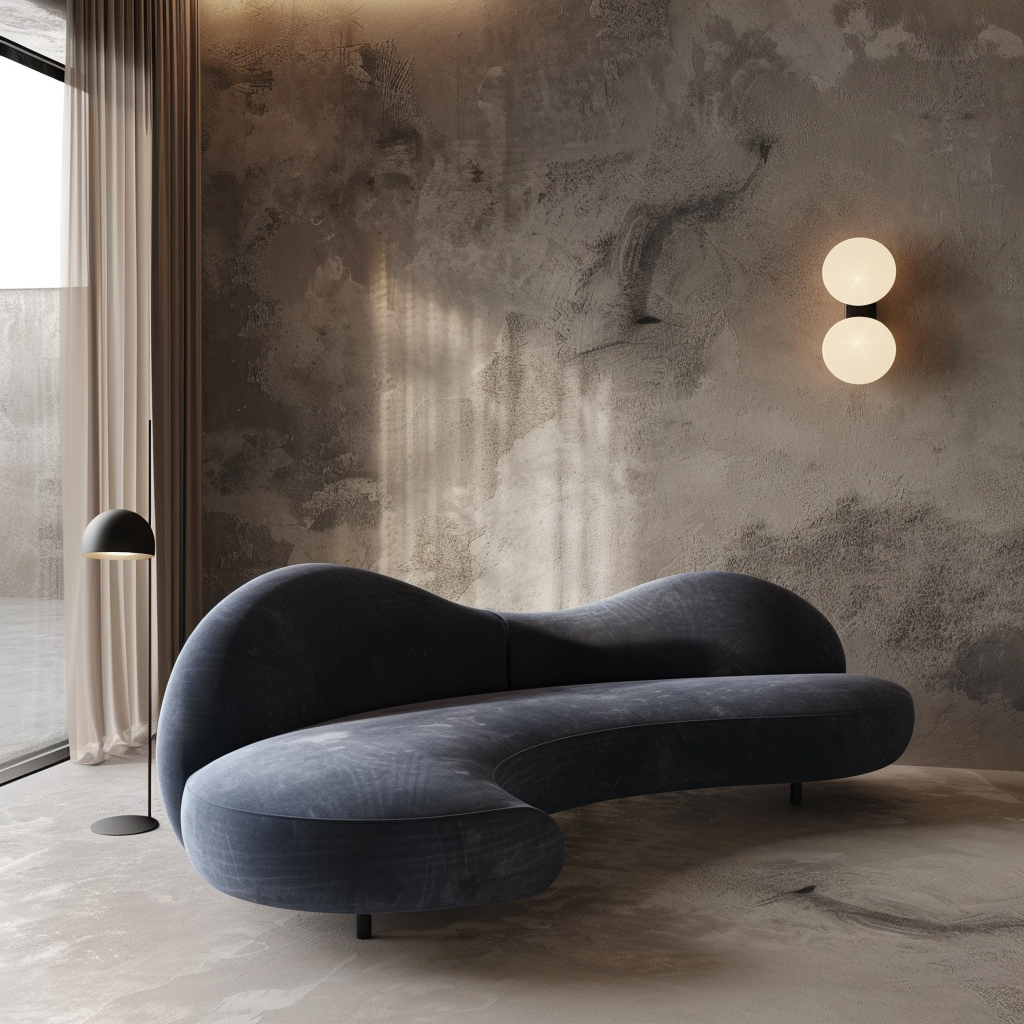 Ultra-Realistic Curved Cloud Sofa in Navy Blue Environment.