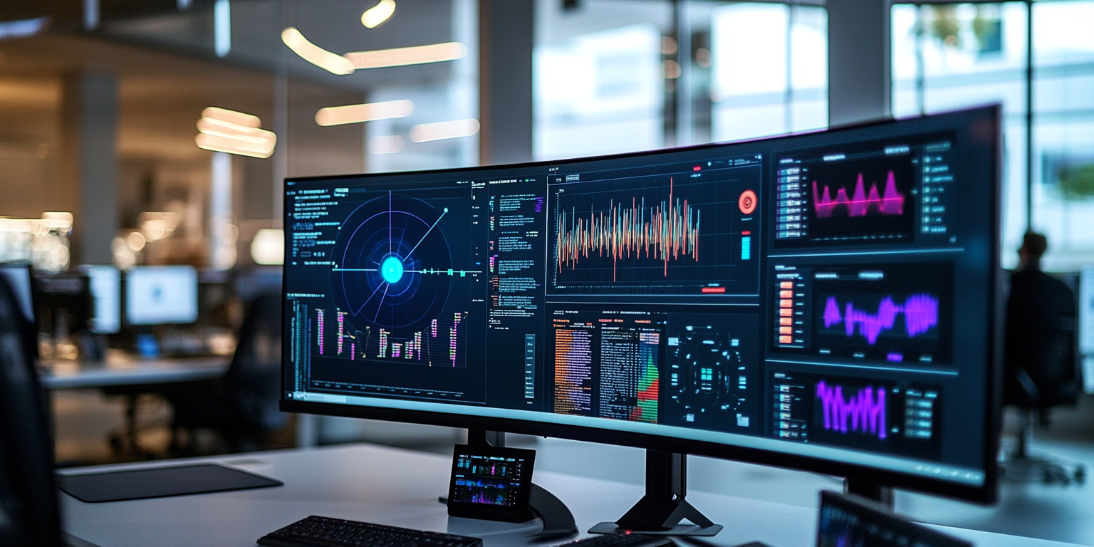 Ultra-Realistic Data Lab with Computers Showing Radar, Graphs, and Faces in Google HQ - AR 2:1