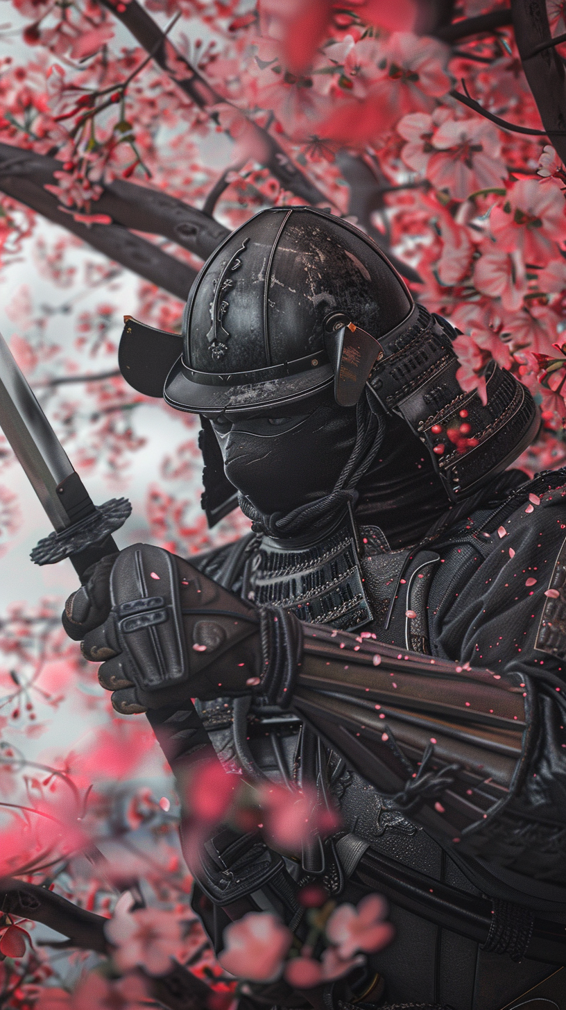 Ultra Realistic Japanese Ninja Samurai Wallpaper Under Sakura Tree