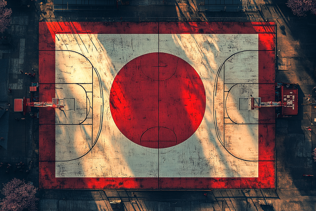 Ultra-detailed aerial view of Japanese flag-inspired basketball court.