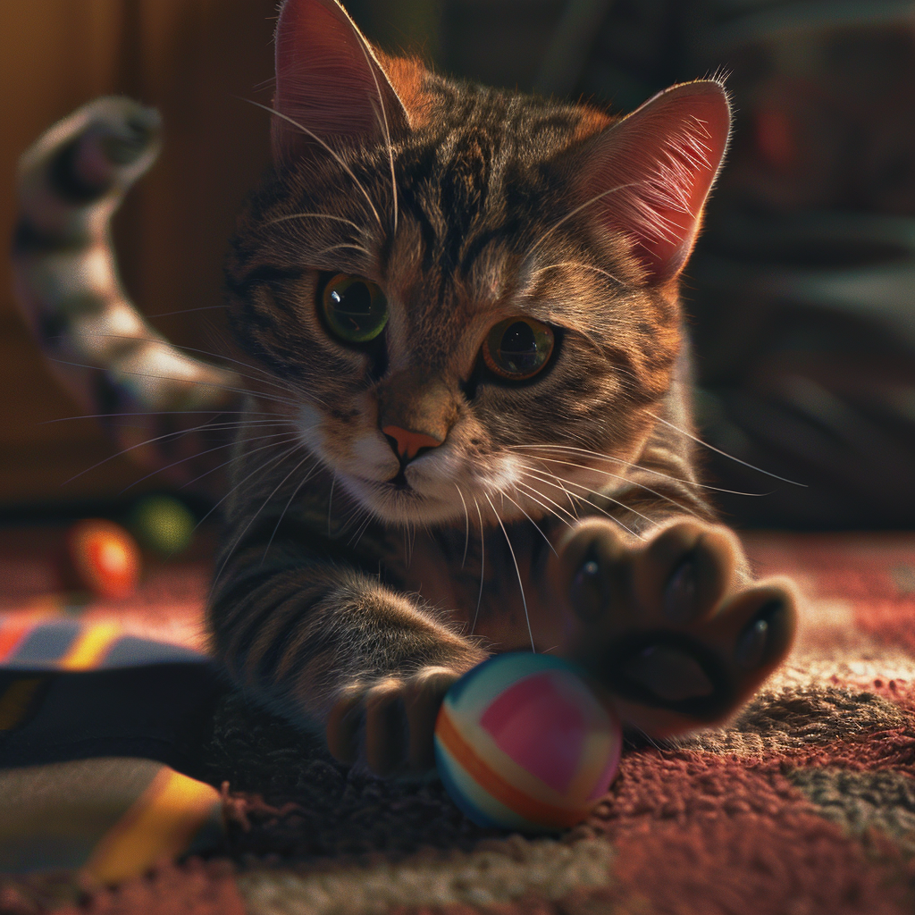 Ultra-realistic Cat Playing with Ball in Cozy Home