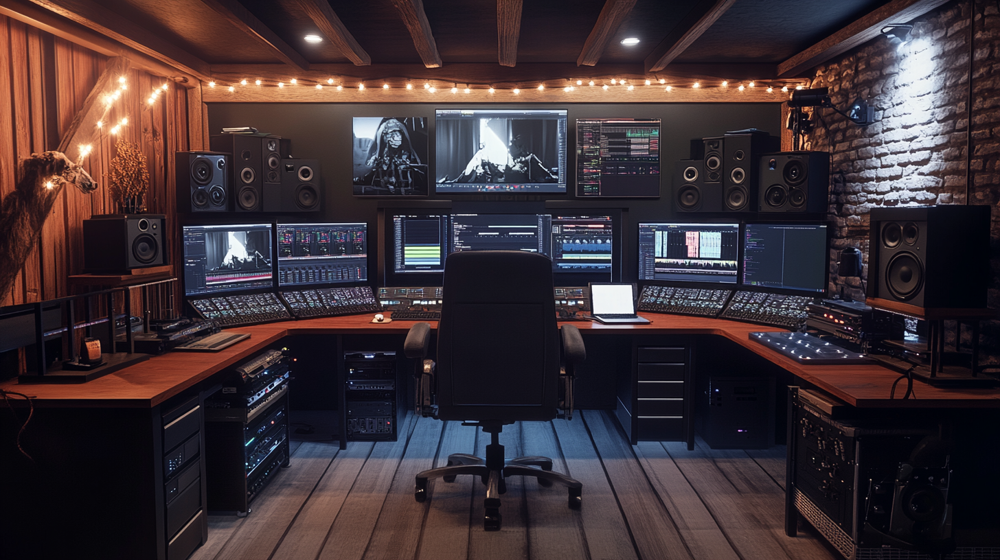 Ultra realistic basement video editing room with modern technology.