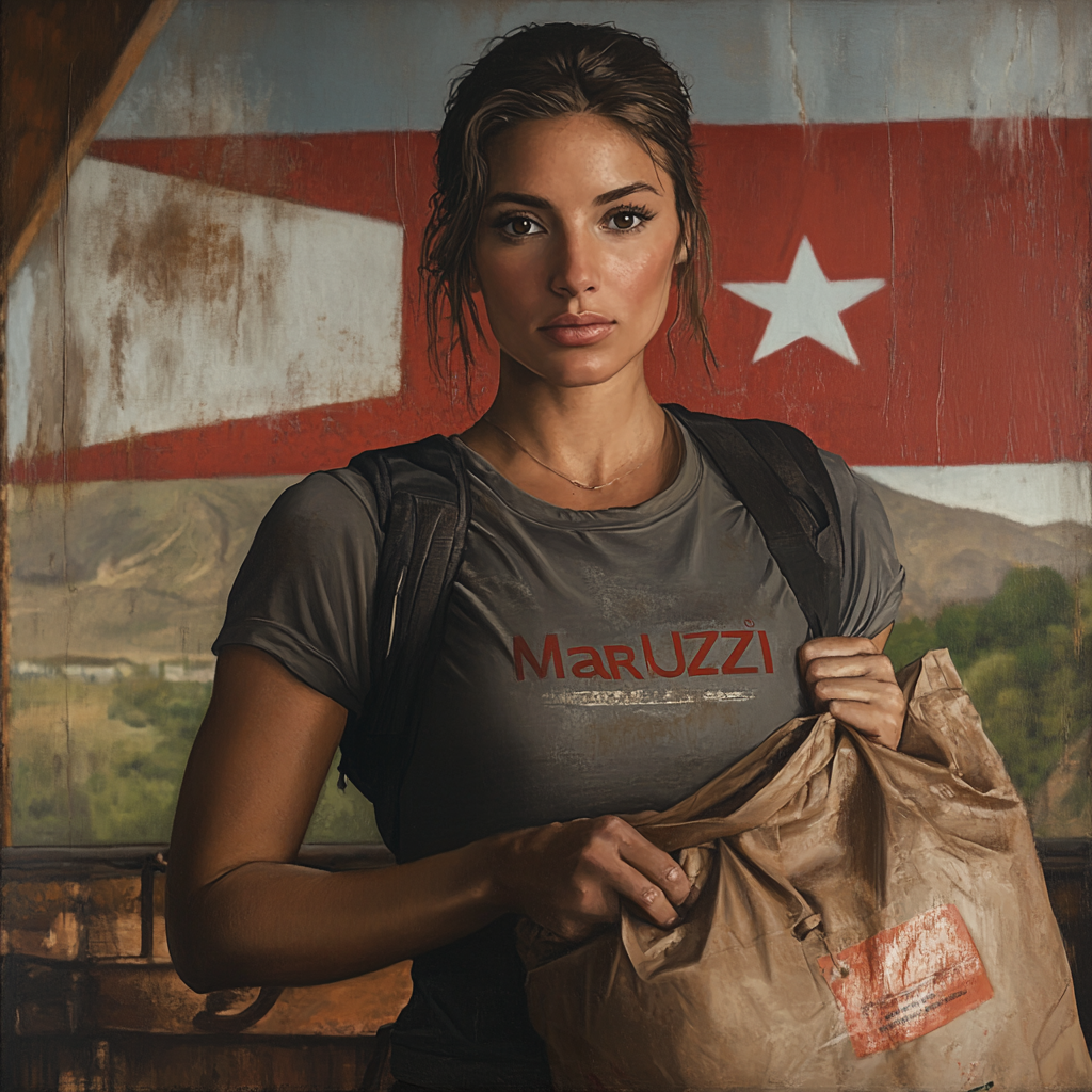 Ultra-realistic full-length woman delivery person holding bag with 'Marluzzi' shirt, Chilean flag background.