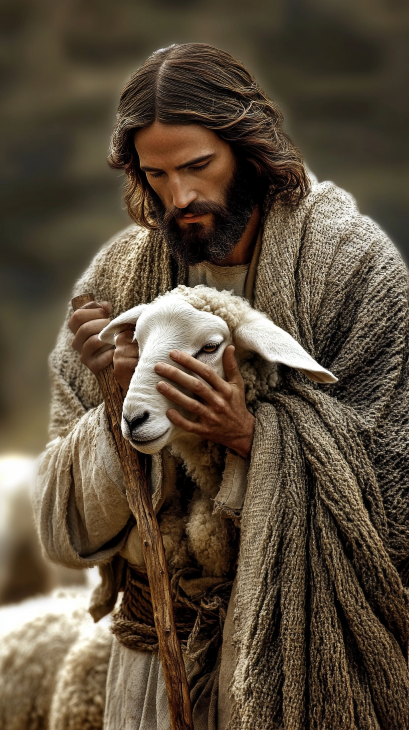 Ultra realistic image of Jesus as a Jew from first century consoling sheep with staff.