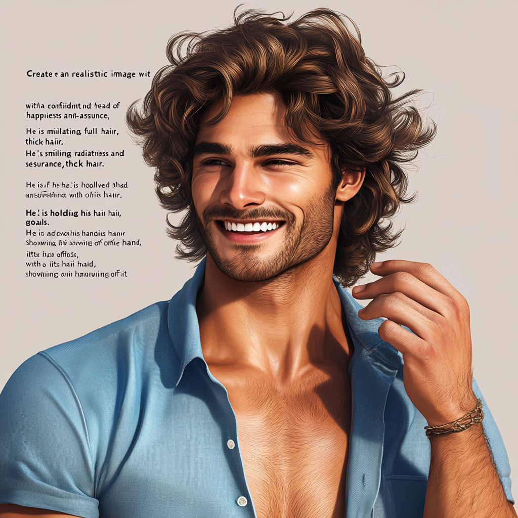 Ultra-realistic image of confident male with thick, healthy hair.