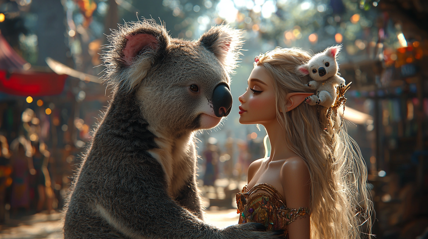 Ultra-realistic koala kissing Barbie-like fairy in vibrant festival.