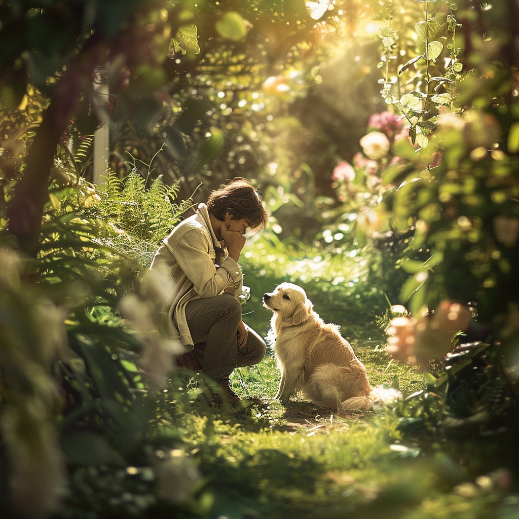 Ultra-realistic person crouching with dog in lush garden 