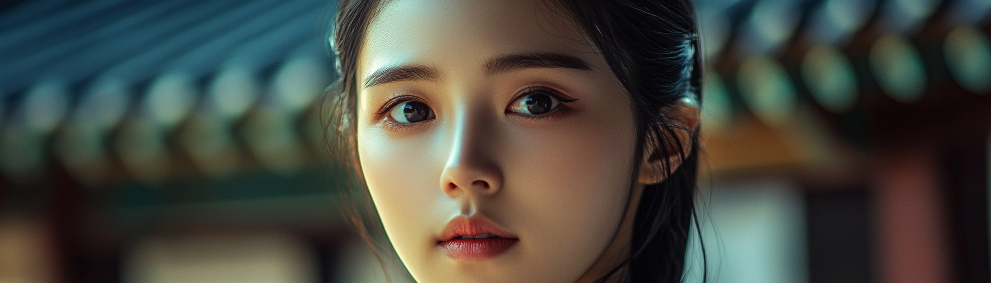 Ultra-realistic photo taken with Sony camera, close-up Korean woman's face, soft lighting, blurred background.